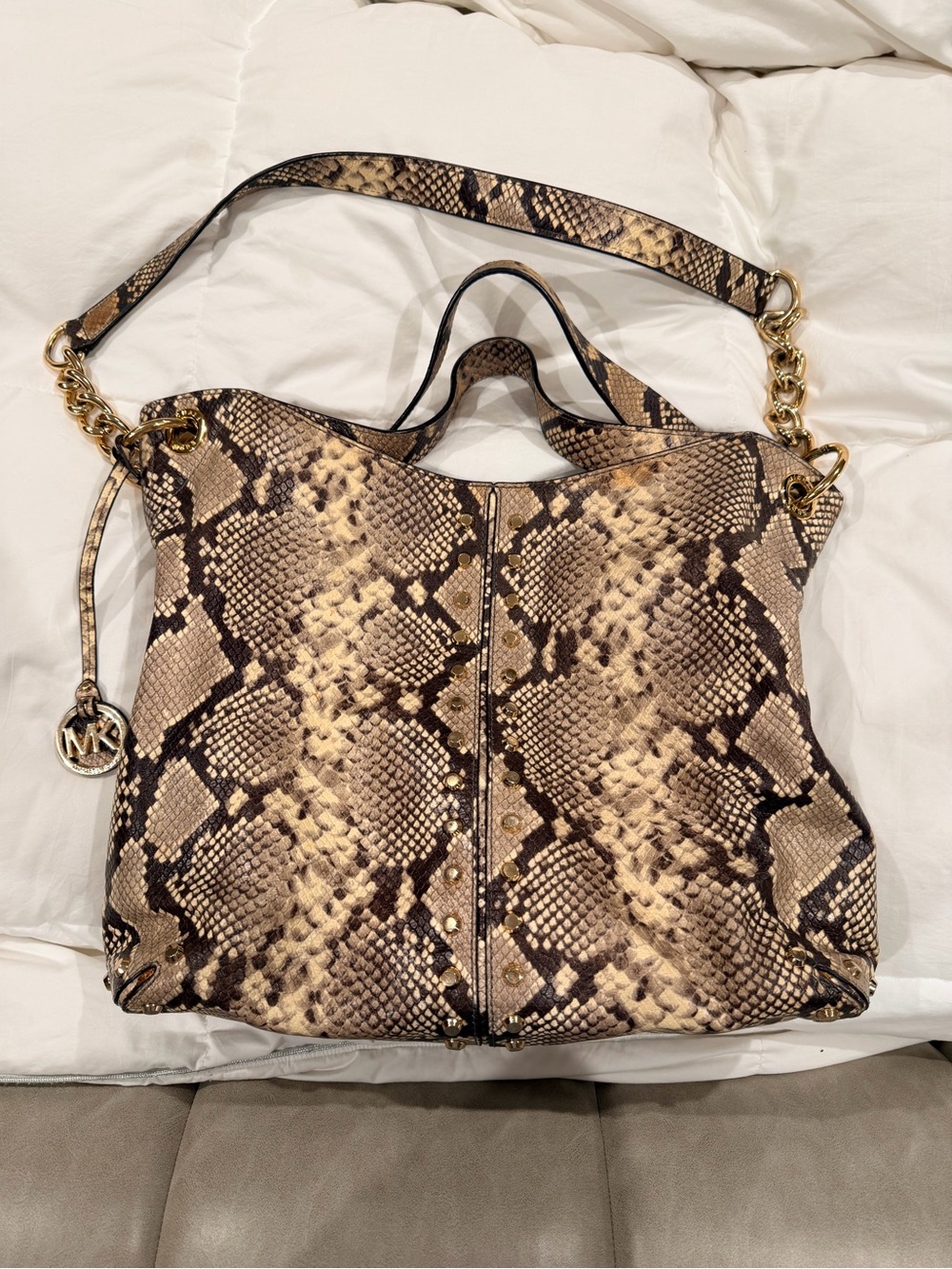 Michael Kors Python-Print Shoulder Bag in Beige and Brown